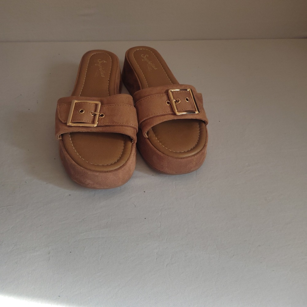 Seychelles Poppy Tan Suede Textile Platform Slide Sandals Buckle Women 6.5M